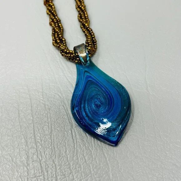 Art Glass Swirl Pendant Necklace Blue Gold Teardrop Beaded Braided Strand - Picture 6 of 7